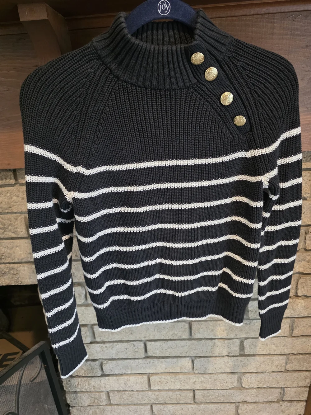 J. Crew Black and White Striped Button-Shoulder Turtleneck Sweater